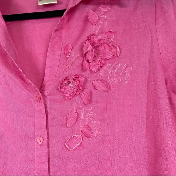 Fred David Petite Pink Linen Button Front 3/4 Sleeve Floral Embroidered Blouse - Picture 5 of 16